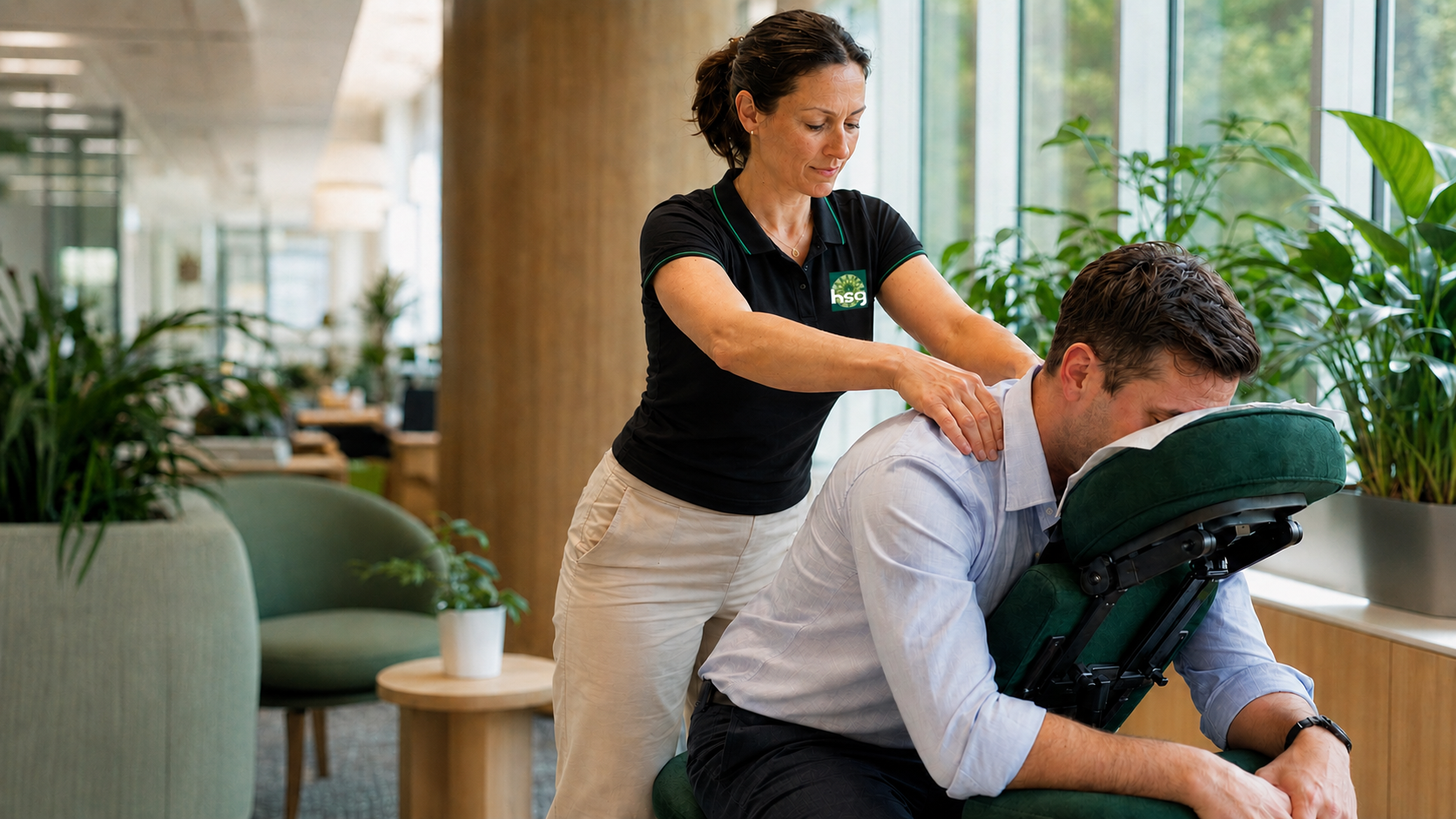 Seated workplace massages for Australian staff as part of an office wellness program.
