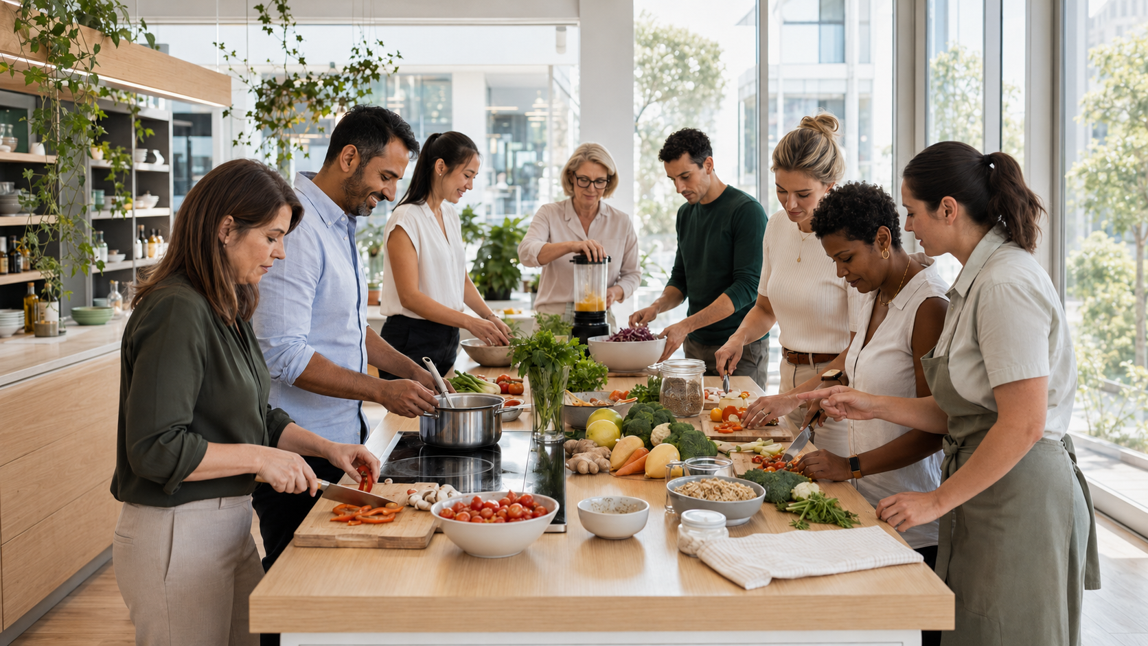 A team building cooking activity as part of a workplace wellbeing program.