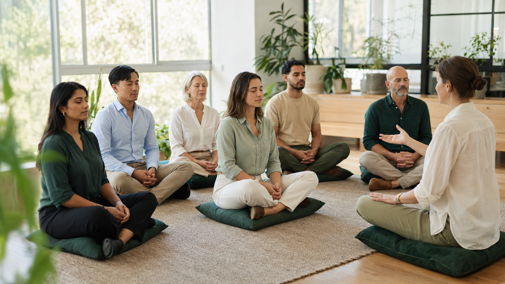 Team members participating in a workplace mindfulness meditation session in a corporate office environment.