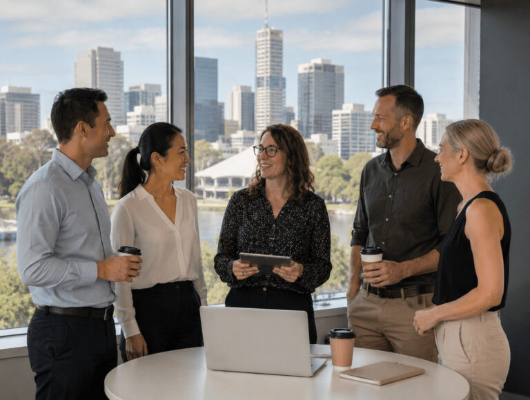 Five diverse professionals smiling and collaborating in a modern office overlooking the Perth city skyline