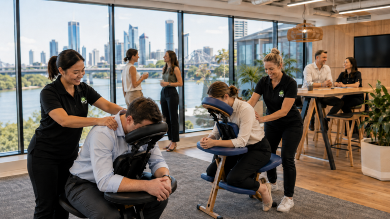 Brisbane workplace massage therapists in a corporate office