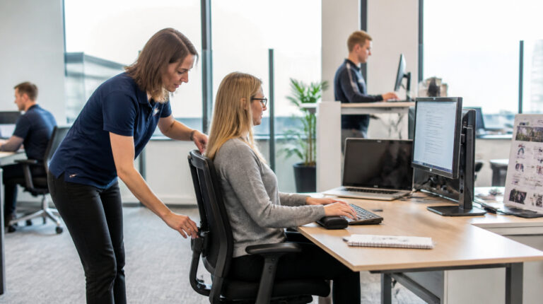 aErgonomics consultant guiding an office worker's posture during a workstation assessment