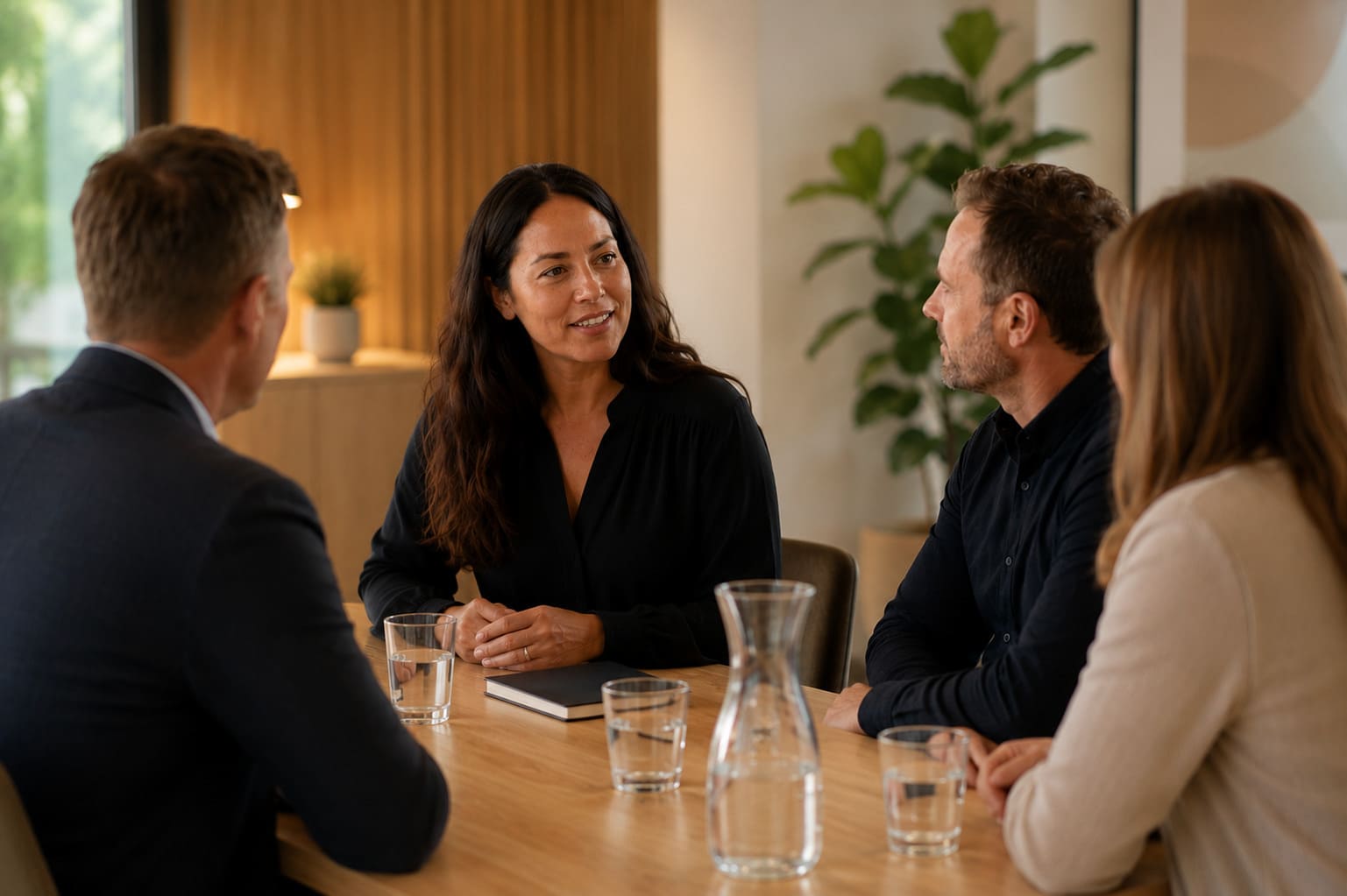 Four professionals meeting around table in modern office