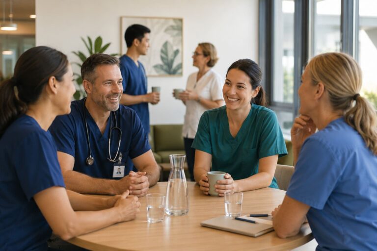 A group of four healthcare professionals in scrubs sitting around a wooden table, smiling and talking during a break, with two colleagues conversing in the blurred background.