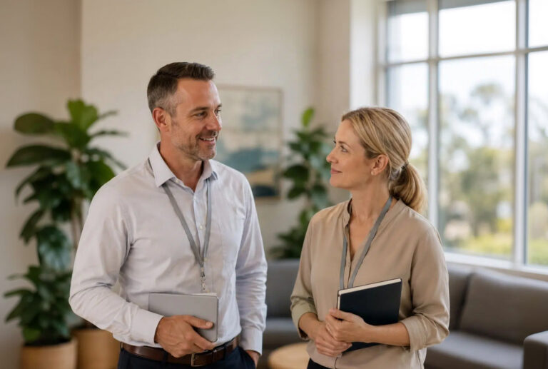 Two colleagues in an office setting, smiling and talking while holding a tablet and a notebook