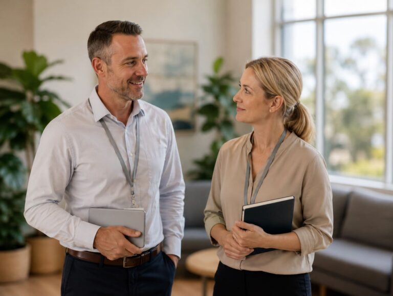 Two colleagues in an office setting, smiling and talking while holding a tablet and a notebook