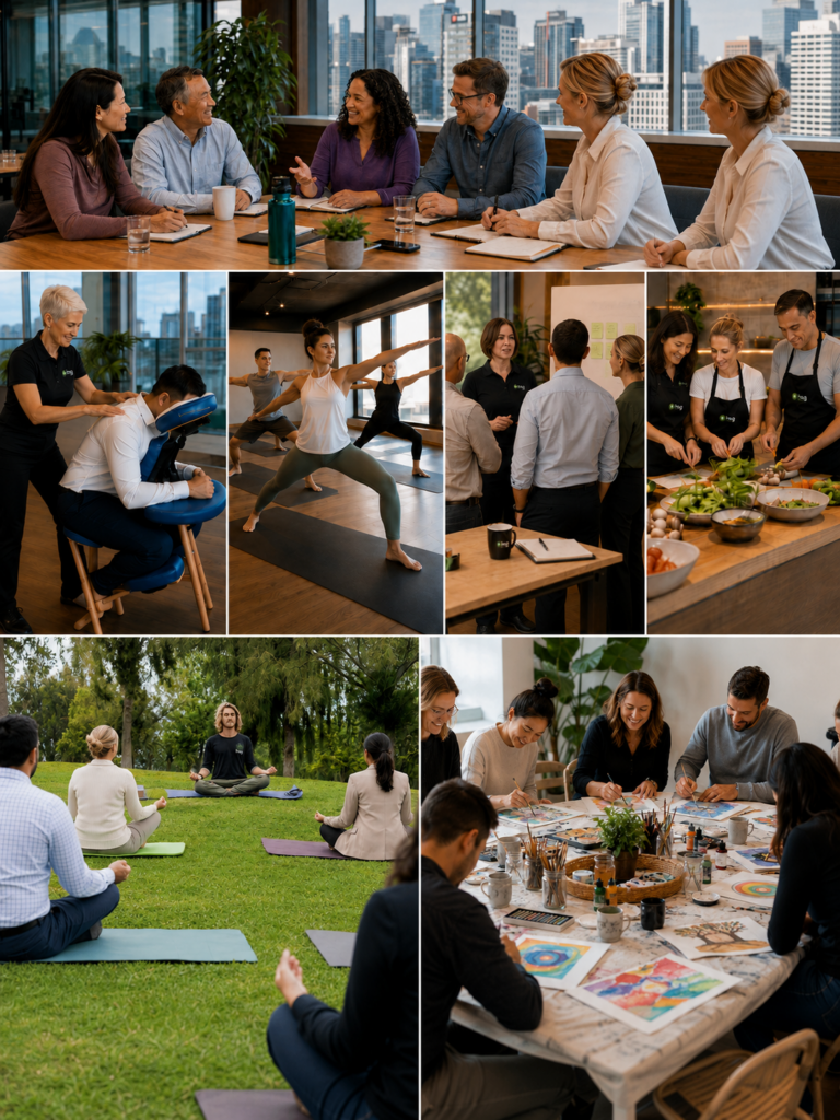 HSG workplace wellbeing practitioners delivering massage, yoga, leadership, cooking, meditation and art workshops.