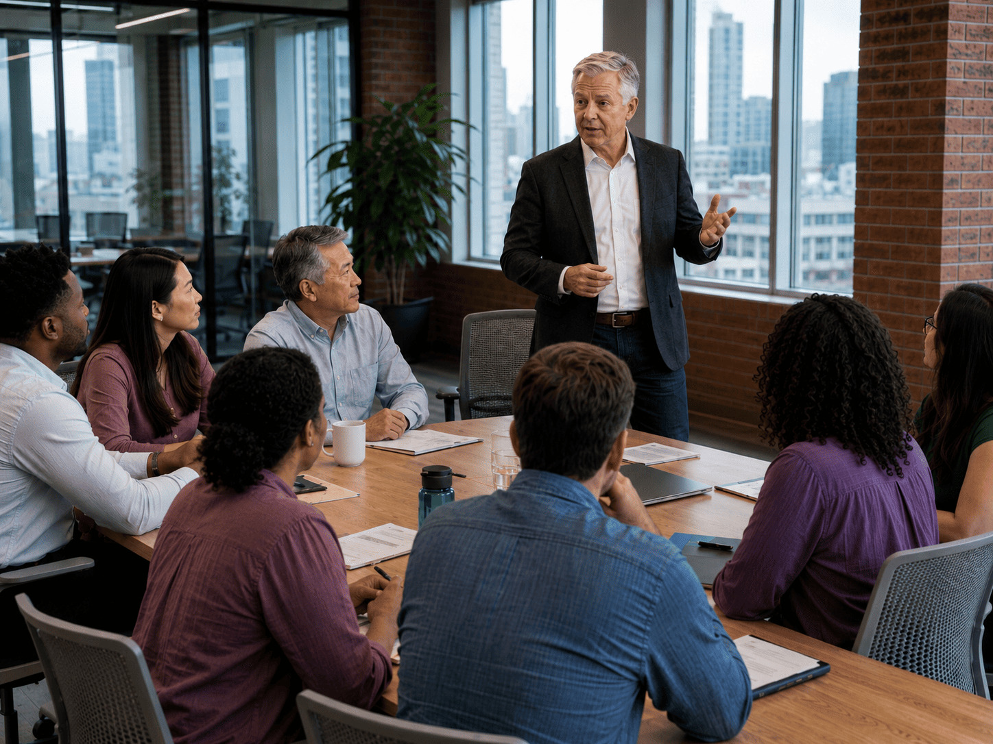 A manager presenting to a group of colleagues in a modern office