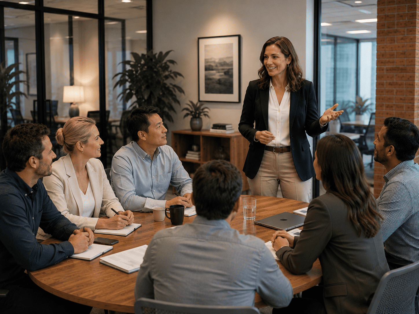 Woman leading meeting with diverse colleagues around circular table