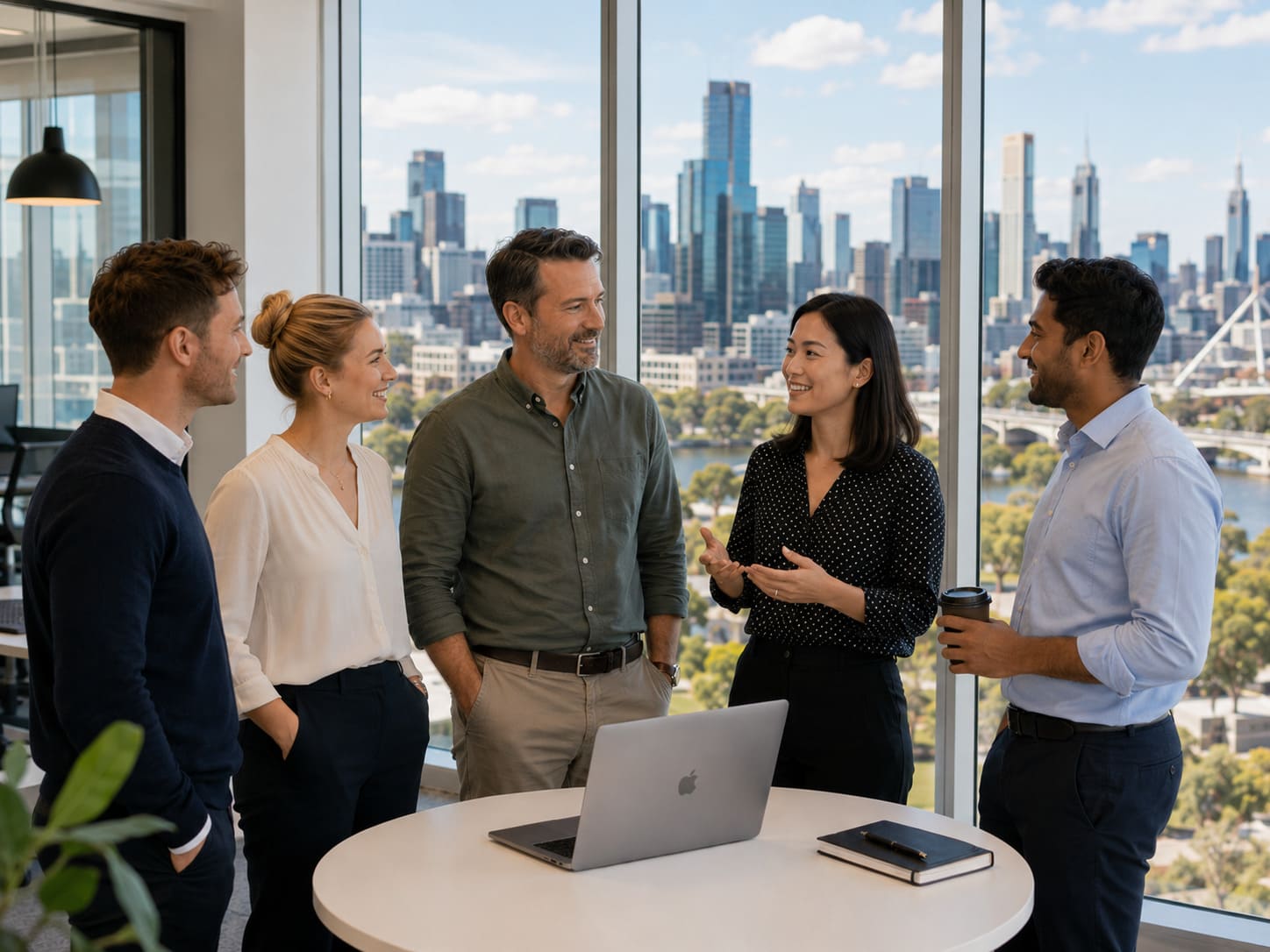 Five diverse professionals talking in a modern Melbourne office