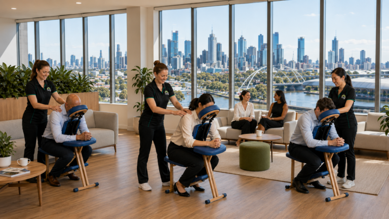 Professional workplace massage therapists providing corporate massage