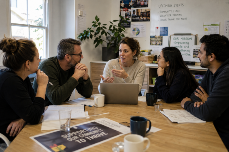 A diverse team meeting in a community centre office, with a flyer reading Supporting our community to thrive