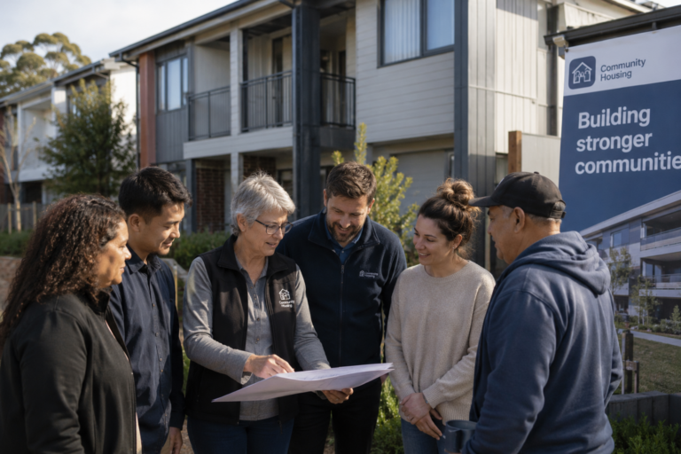 A diverse group of people and Community Housing staff review building plans in front of a modern apartment complex