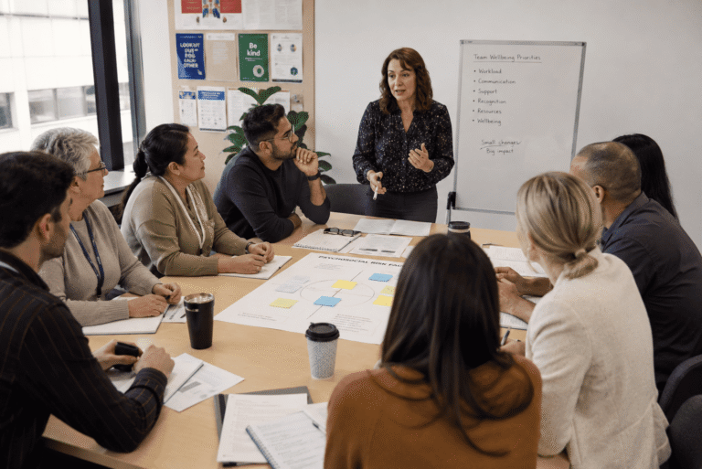 A diverse team in a meeting discussing wellbeing priorities and psychosocial risk factors