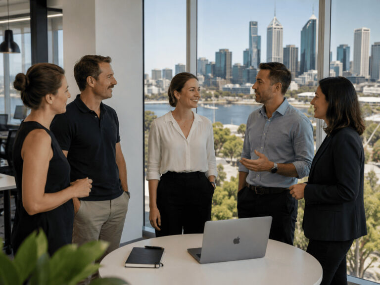 Five professionals talking in a modern office with the Perth city skyline in the background