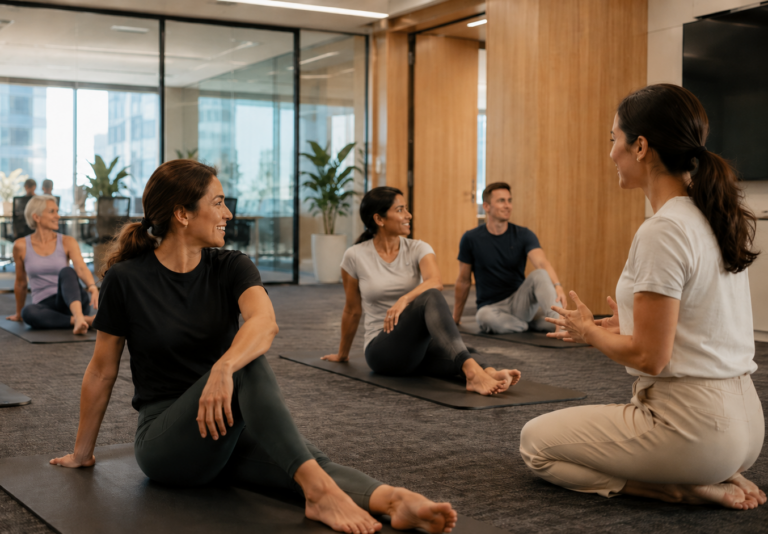 A group of people performing a seated yoga stretch on mats in a modern office space, led by an instructor