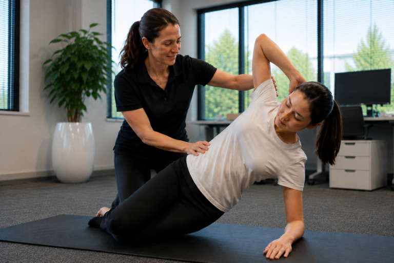 A woman performs a side plank on a mat in an office while a female instructor assists with her form