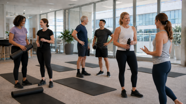 A diverse group of adults socialising in a fitness studio with yoga mats and water bottles