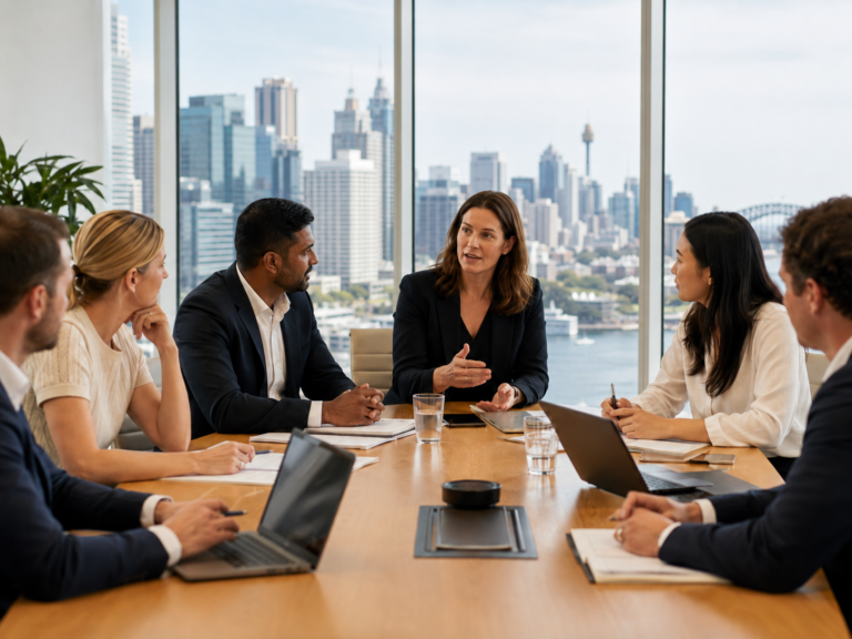Professional services leaders in a workplace meeting discussing staff wellbeing, workload pressure and team support in a modern Sydney office.