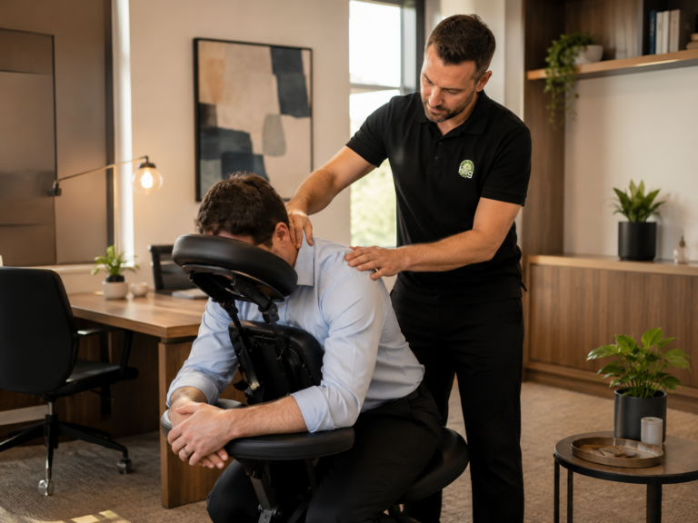 Seated massage in Sydney CBD, in a cozy office
