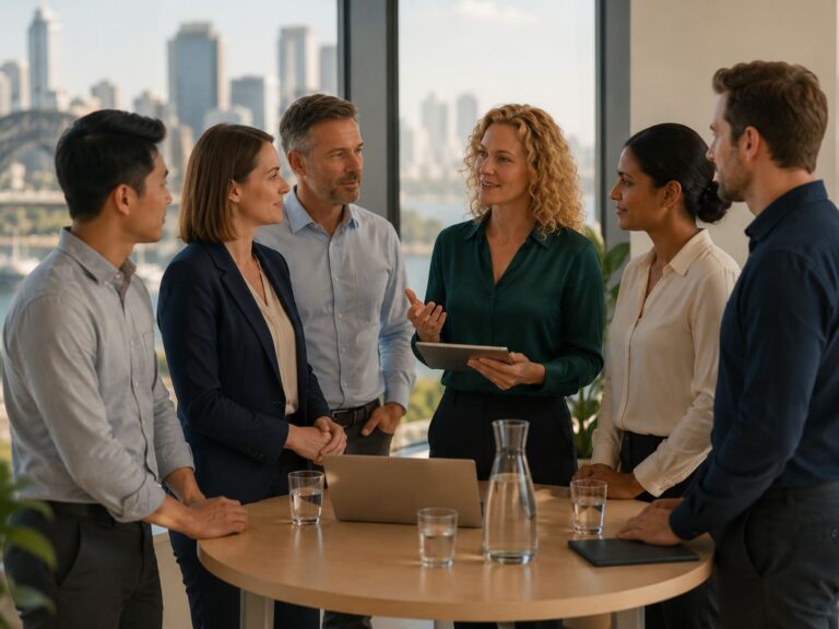 Employees engaged in group conversation at a workplace wellbeing event