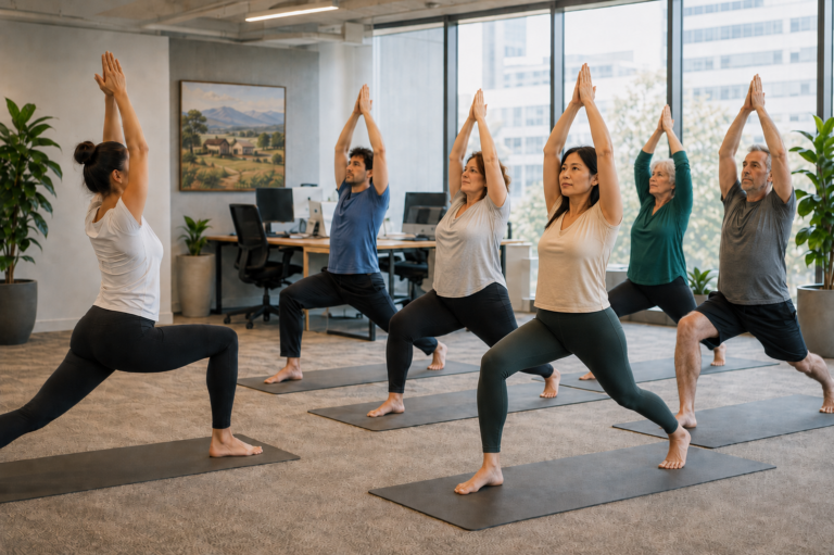 Office staff doing corporate yoga in a workplace setting