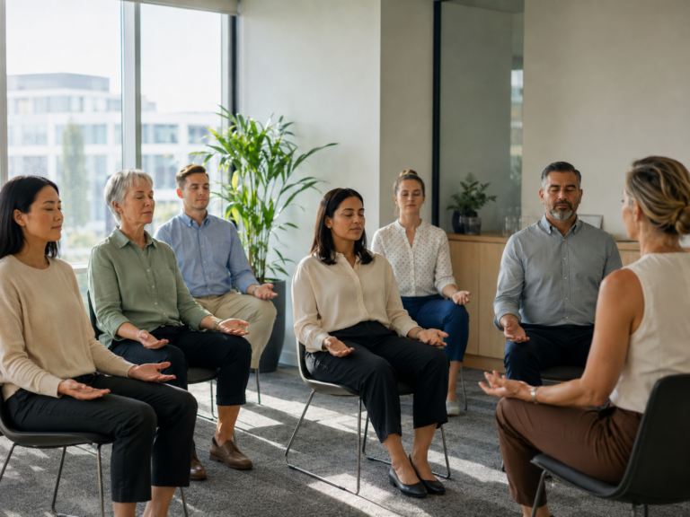 Workplace staff participating in a mindfulness meditation session