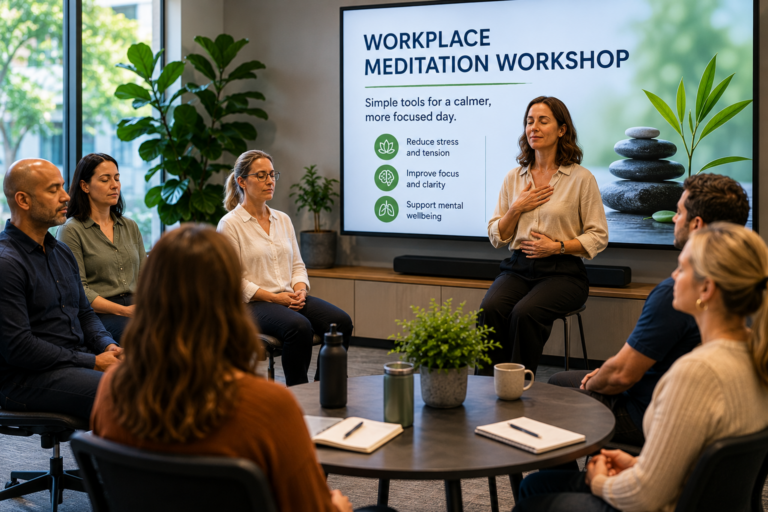 People participating in a corporate meditation workshop