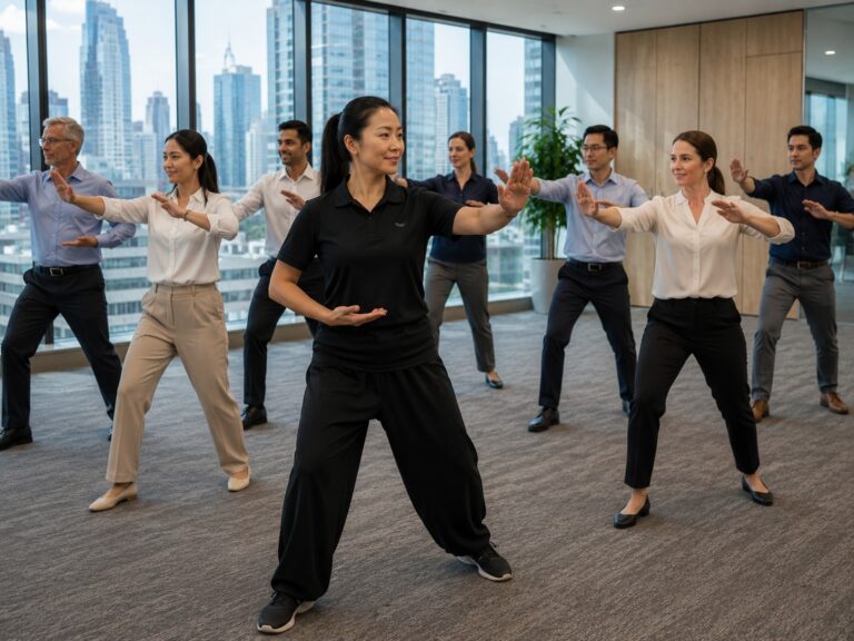 Tai Chi class in a corporate office