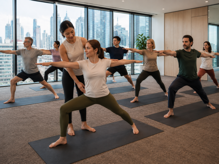 Workplace team doing corporate yoga in Melbourne