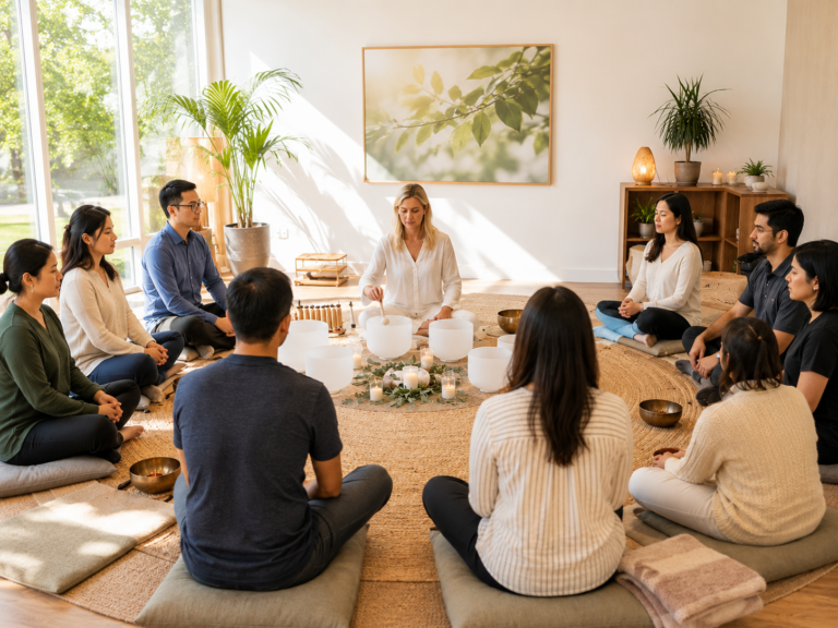 Sound meditation and sonic relaxation session in a workplace
