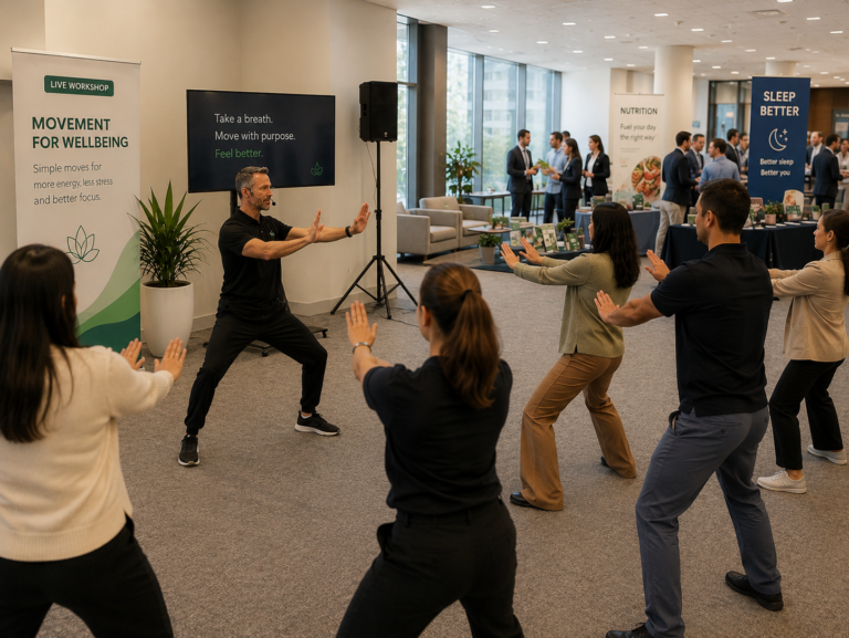 tai chi qi gong movement mindfulness session in workplace wellbeing expo