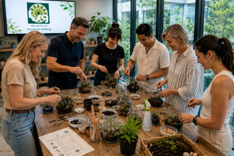 HSG terrarium making in a bright office workshop